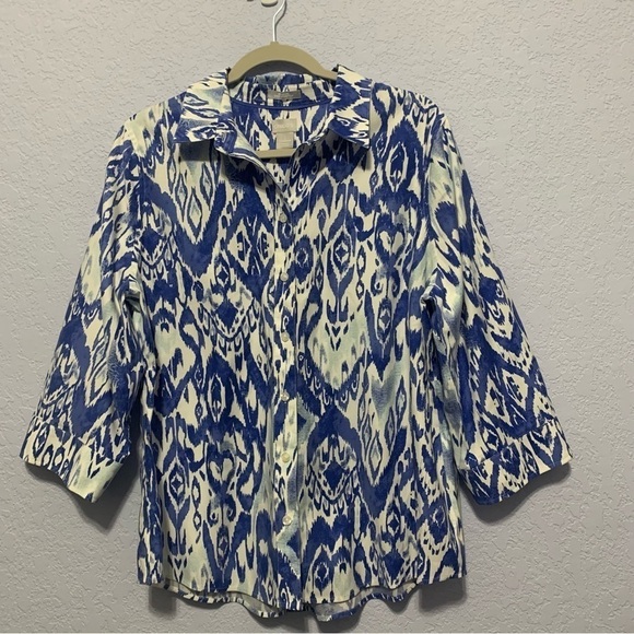 Chico’s Abstract Cotton Blend No Iron Button Up 3/4 Sleeve Top - Picture 1 of 6